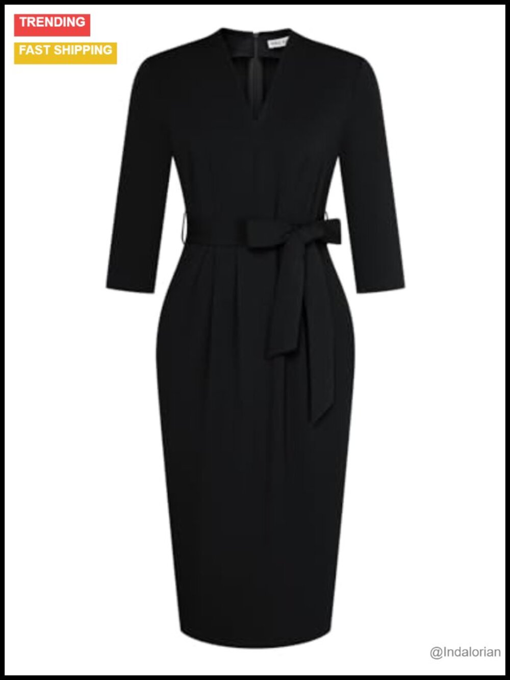 Women's 3/4 Sleeve Work Dress with Pockets Bodycon Belted Sheath